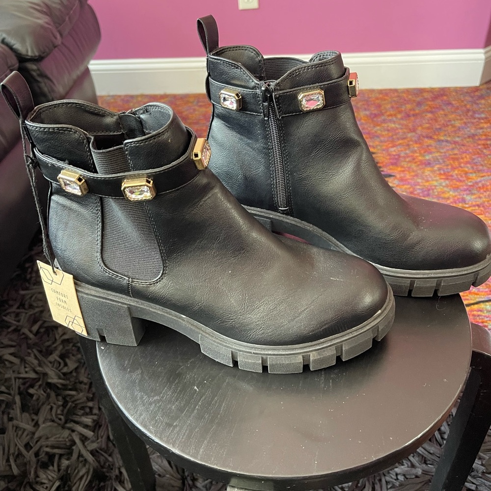 Black Ankle Boots with Gold Accents